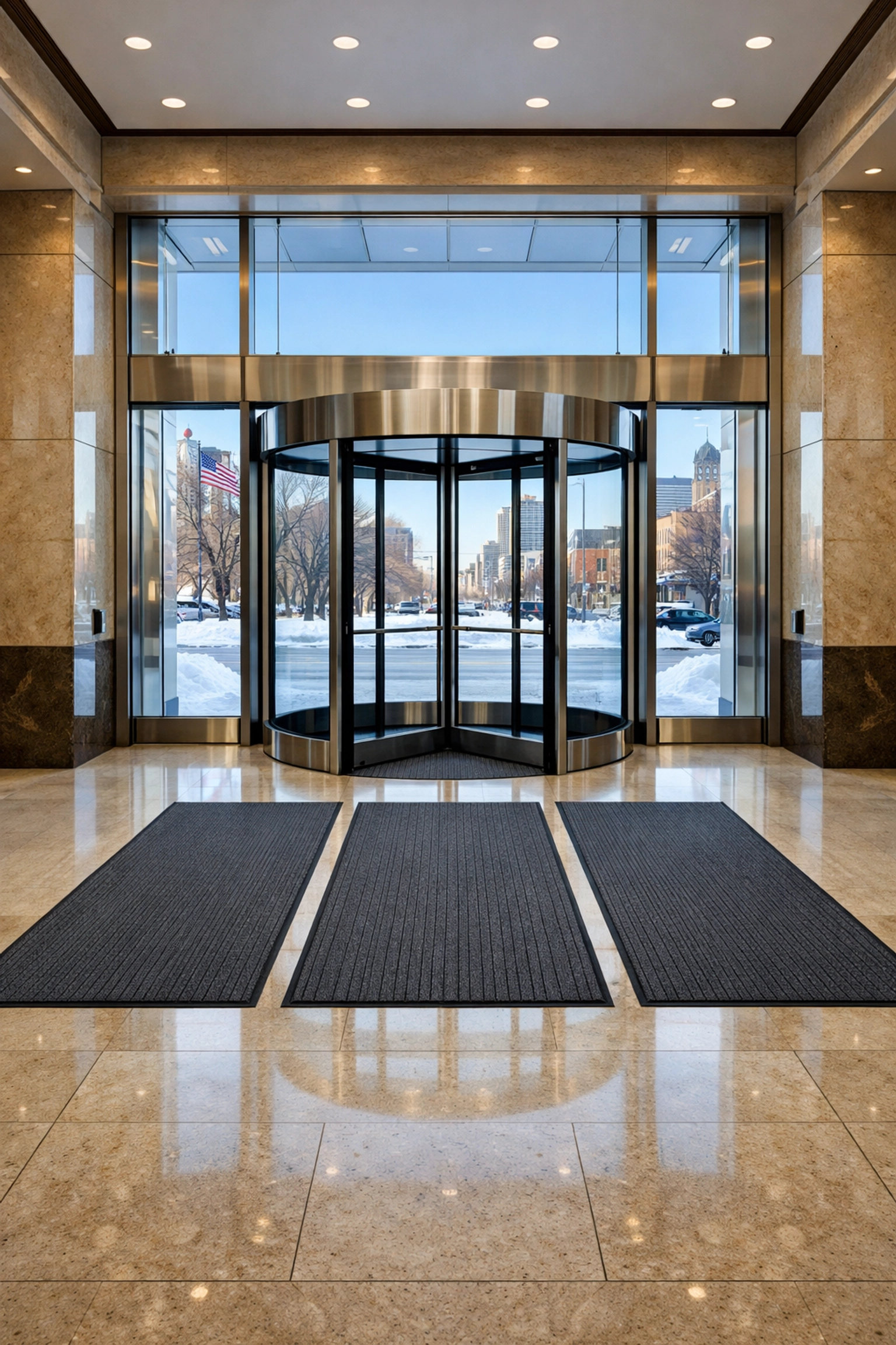 Pristine commercial building lobby with polished stone floors and clean entryway mats in a Midwest metro.