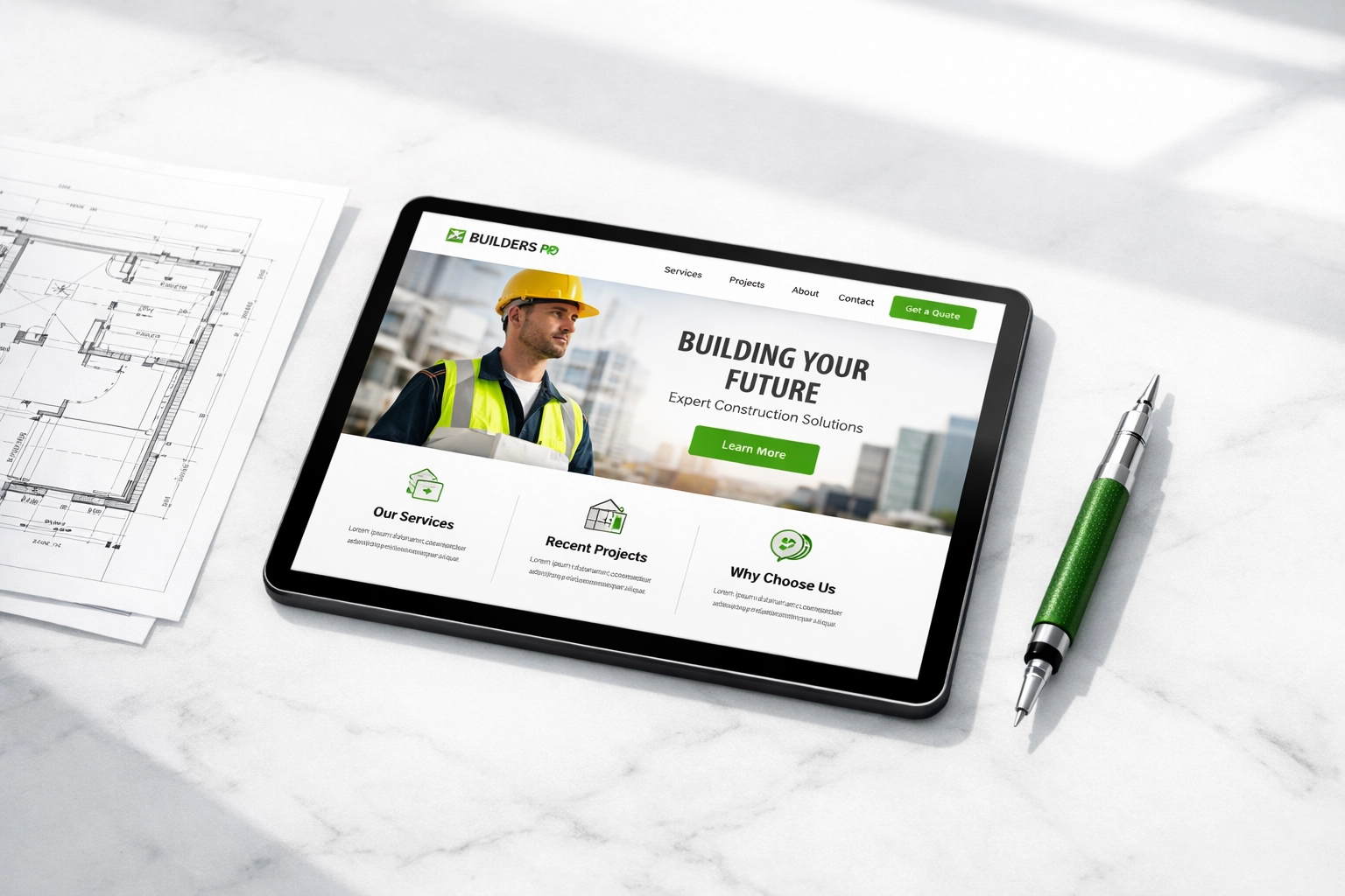 Modern contractor website design on a tablet showcasing professional small business website design.