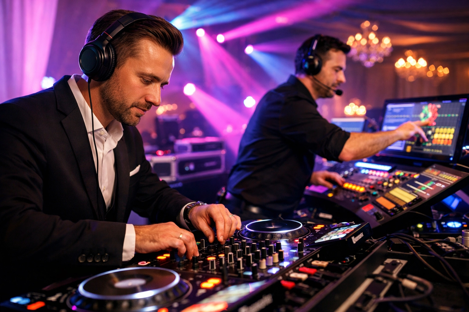 Wedding DJ and lighting engineer collaborating on entertainment at reception