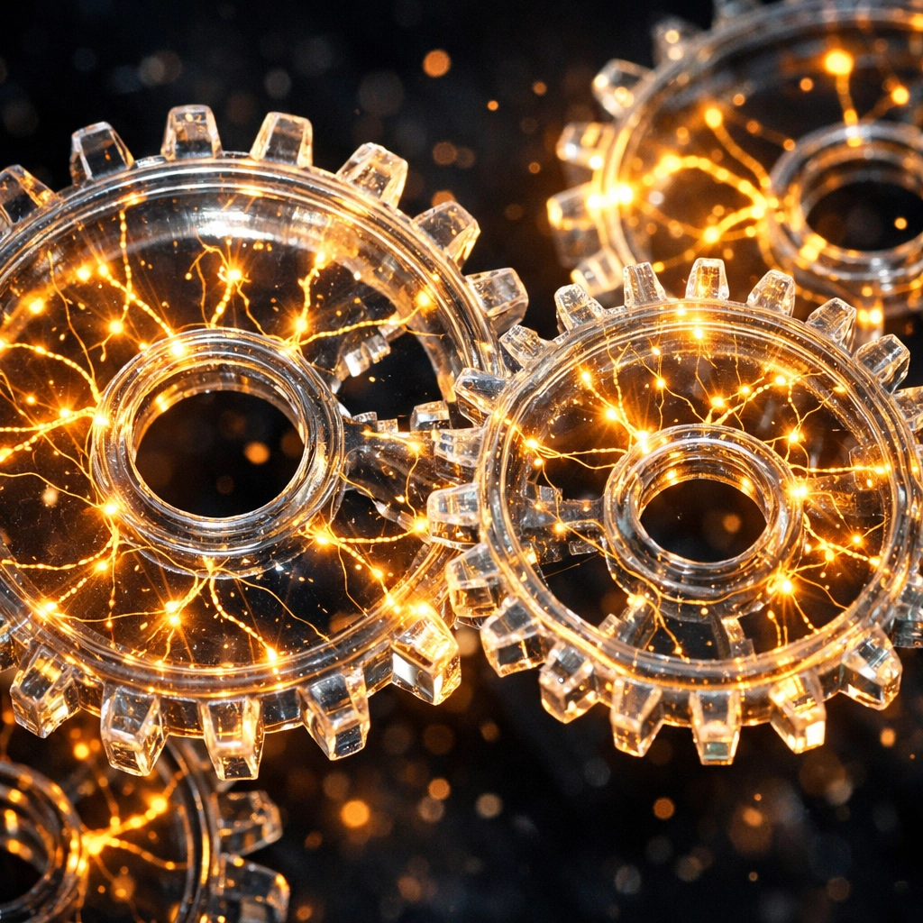 Glowing mechanical gears symbolizing autonomous custom Zoho workflows and AI task execution.