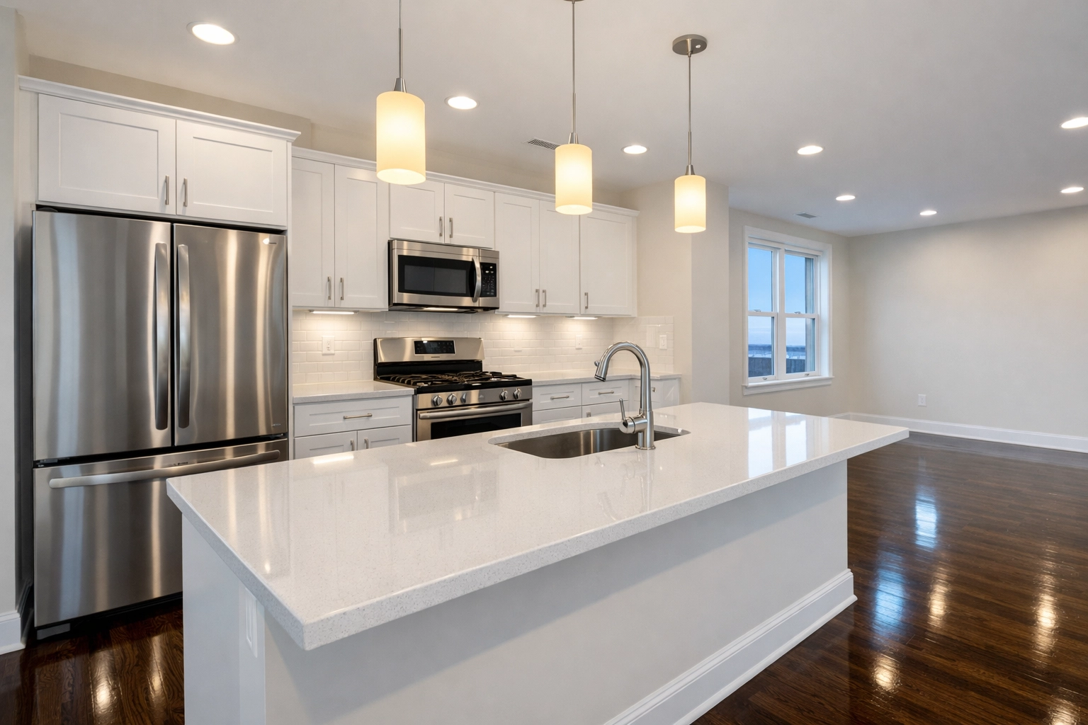 Sparkling modern kitchen with white quartz countertops, ready for move-in cleaning Lowell services.