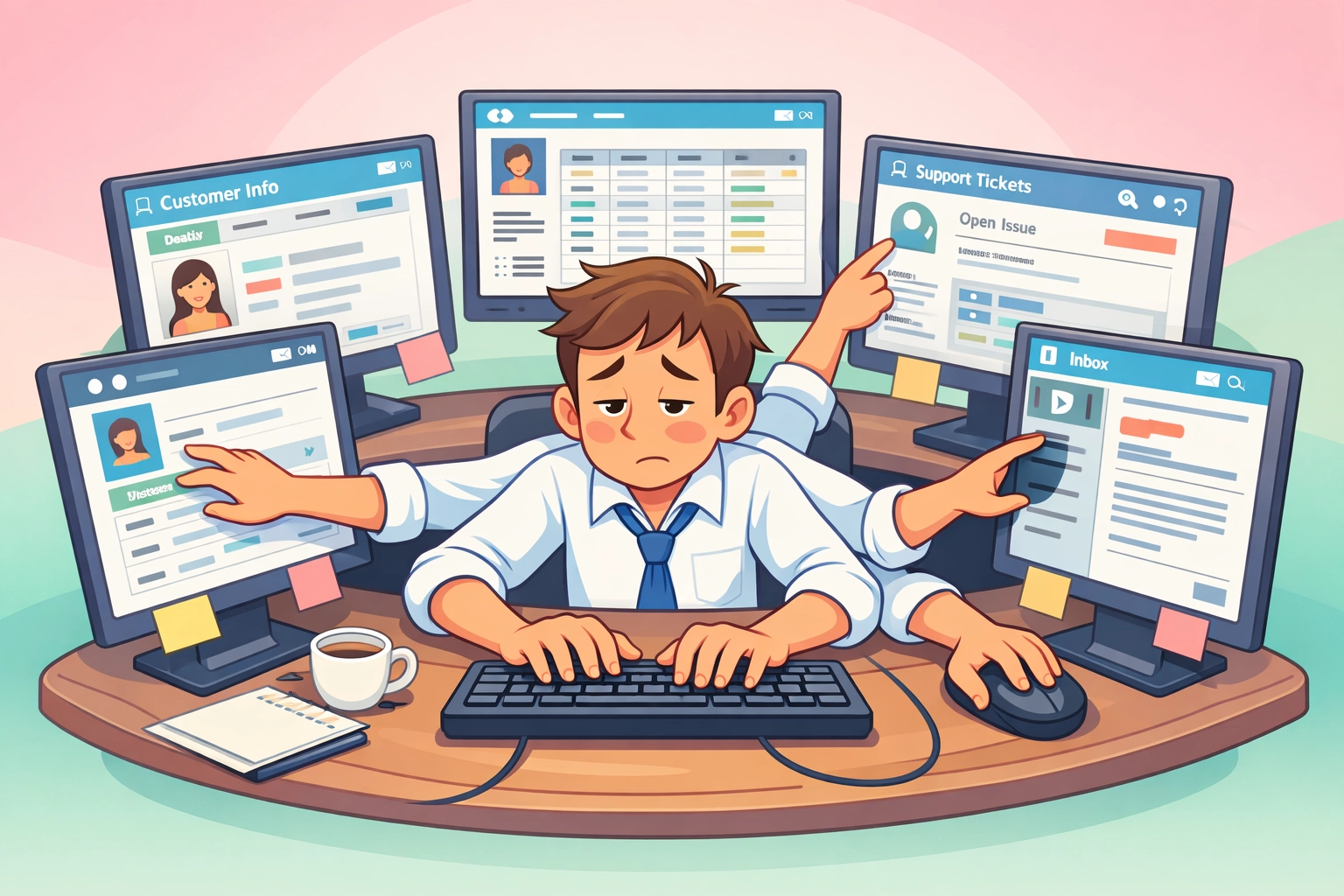 Employee overwhelmed by multiple software platforms requiring duplicate data entry