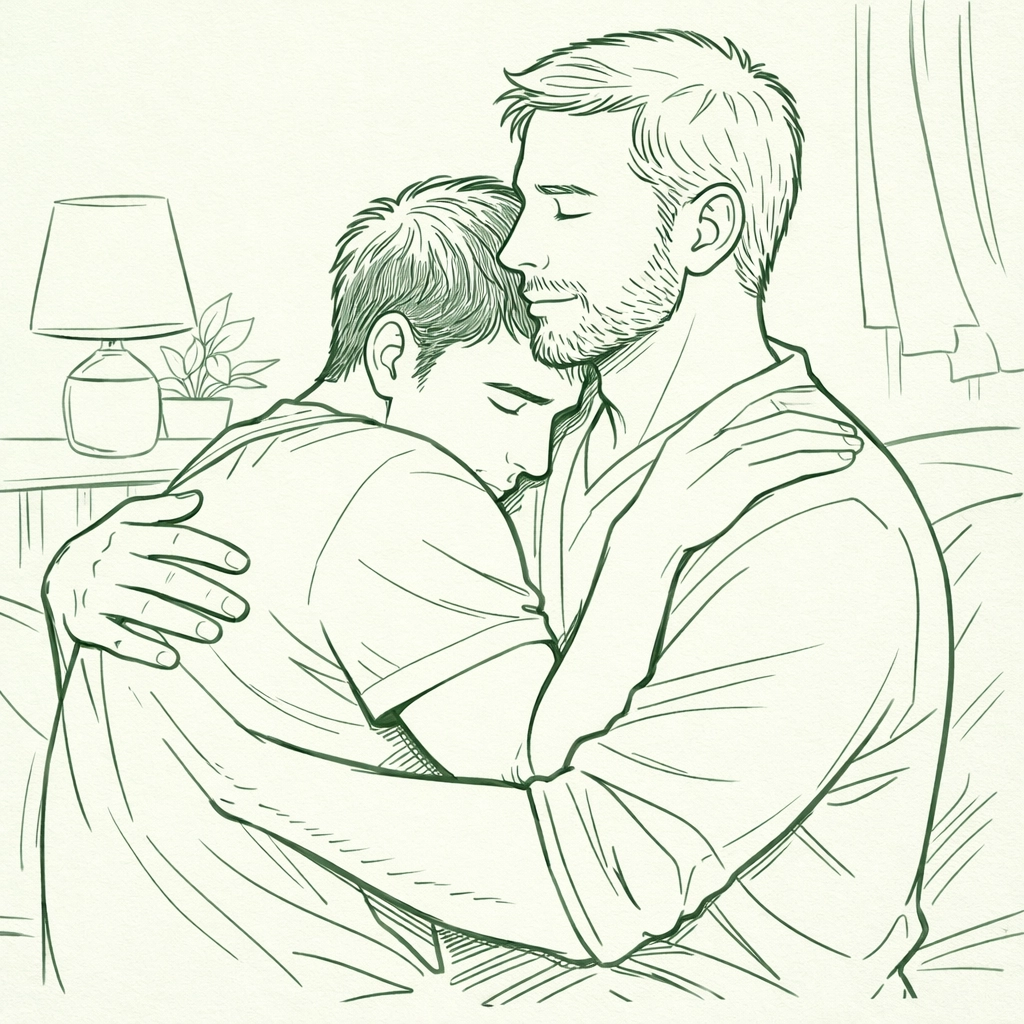 An intimate embrace between two men, showing emotional resilience and the power of gay literature.