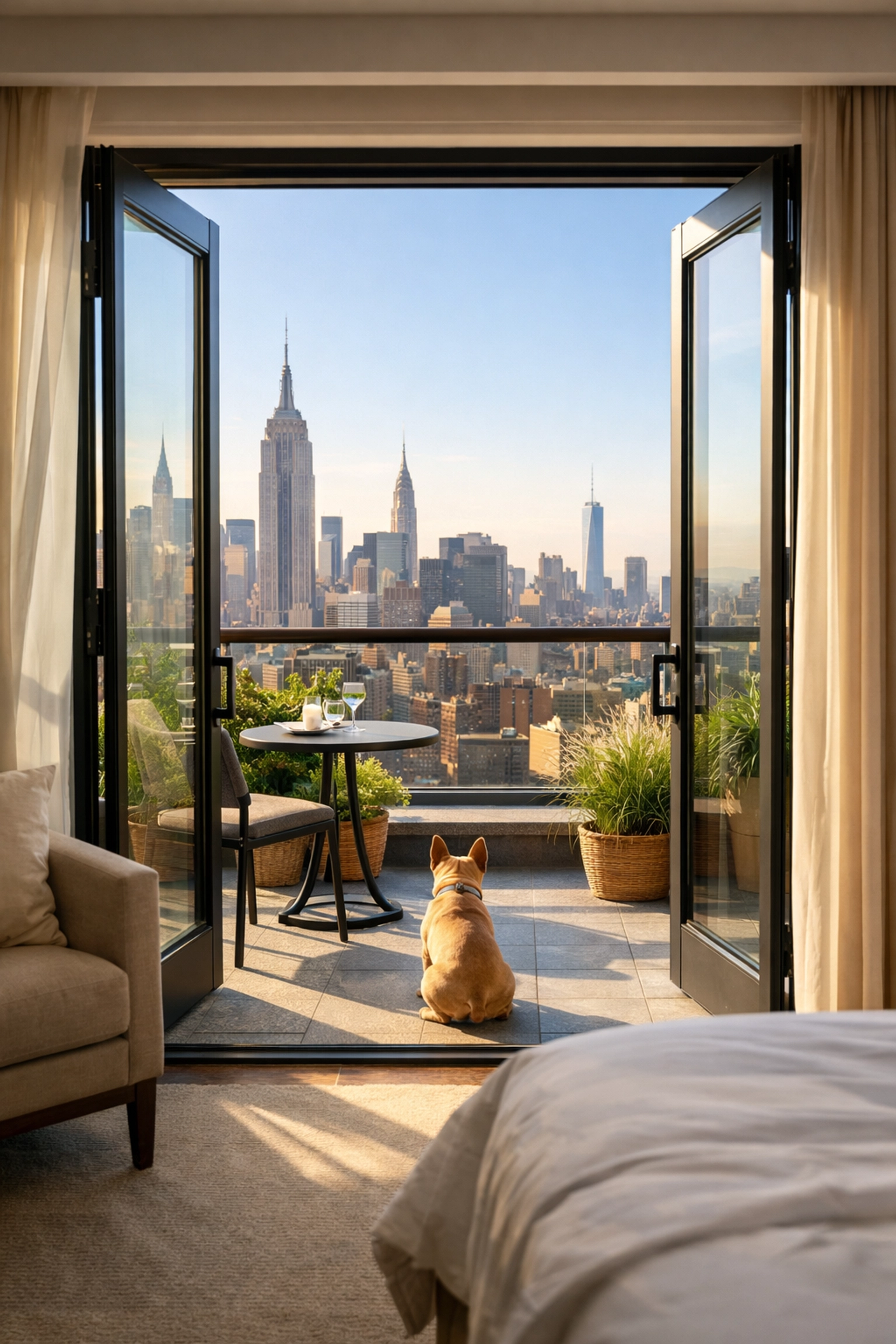 Dog sitting on a balcony with skyline views of New York City, featuring the Empire State Building, in a pet-friendly hotel room with modern decor and outdoor seating.