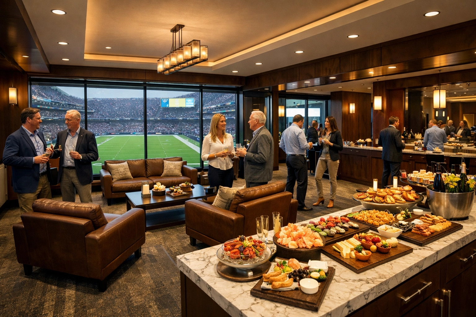 The Executive's Guide to Super Bowl Corporate Hospitality: 7 VIP Logistics Secrets That Maximize Brand Impact Luxury suite at Super Bowl with executives networking and gourmet catering