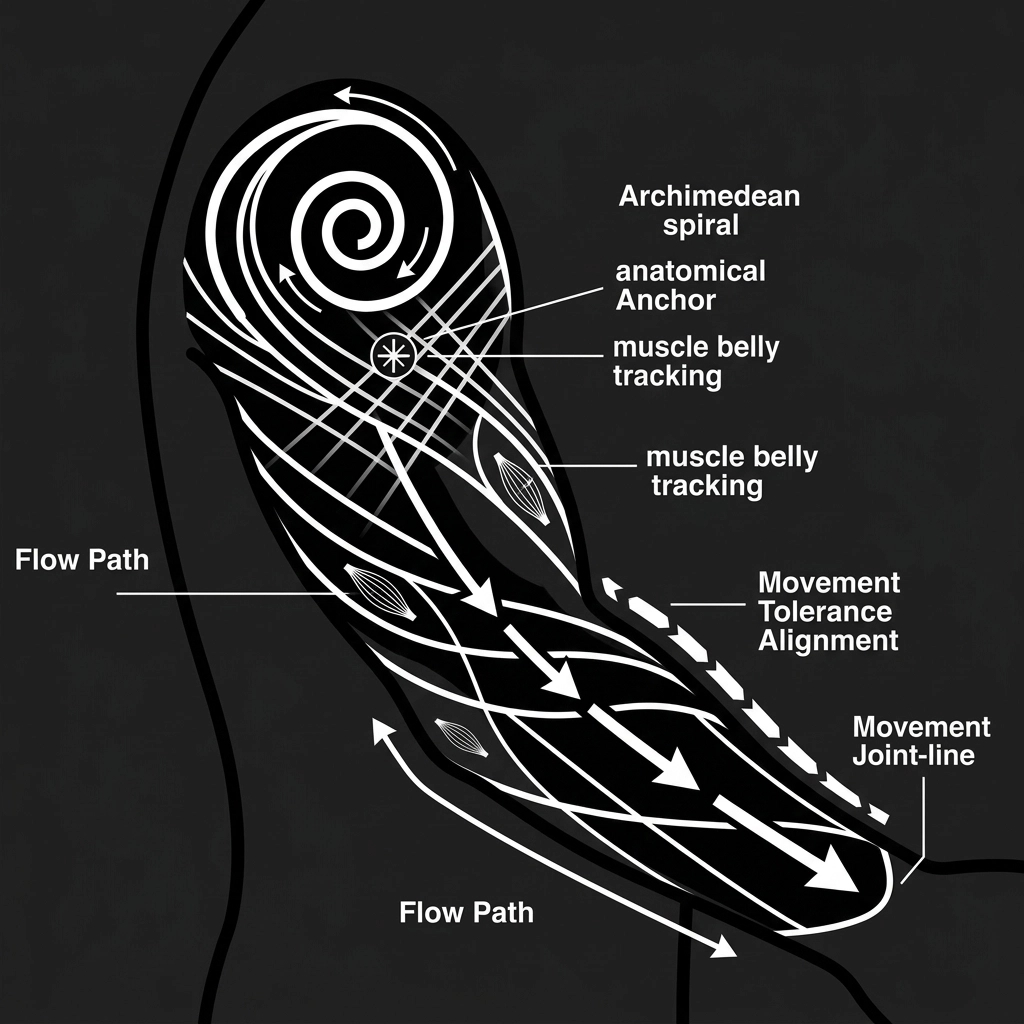 A minimalistic diagram of a human arm silhouette with bold, white geometric flow lines representing the structural necessities of a custom sleeve tattoo.