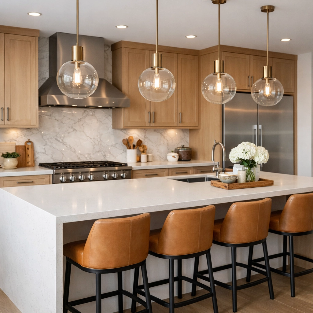 Modern kitchen remodel in Bay Village featuring a quartz island and elegant cabinetry.