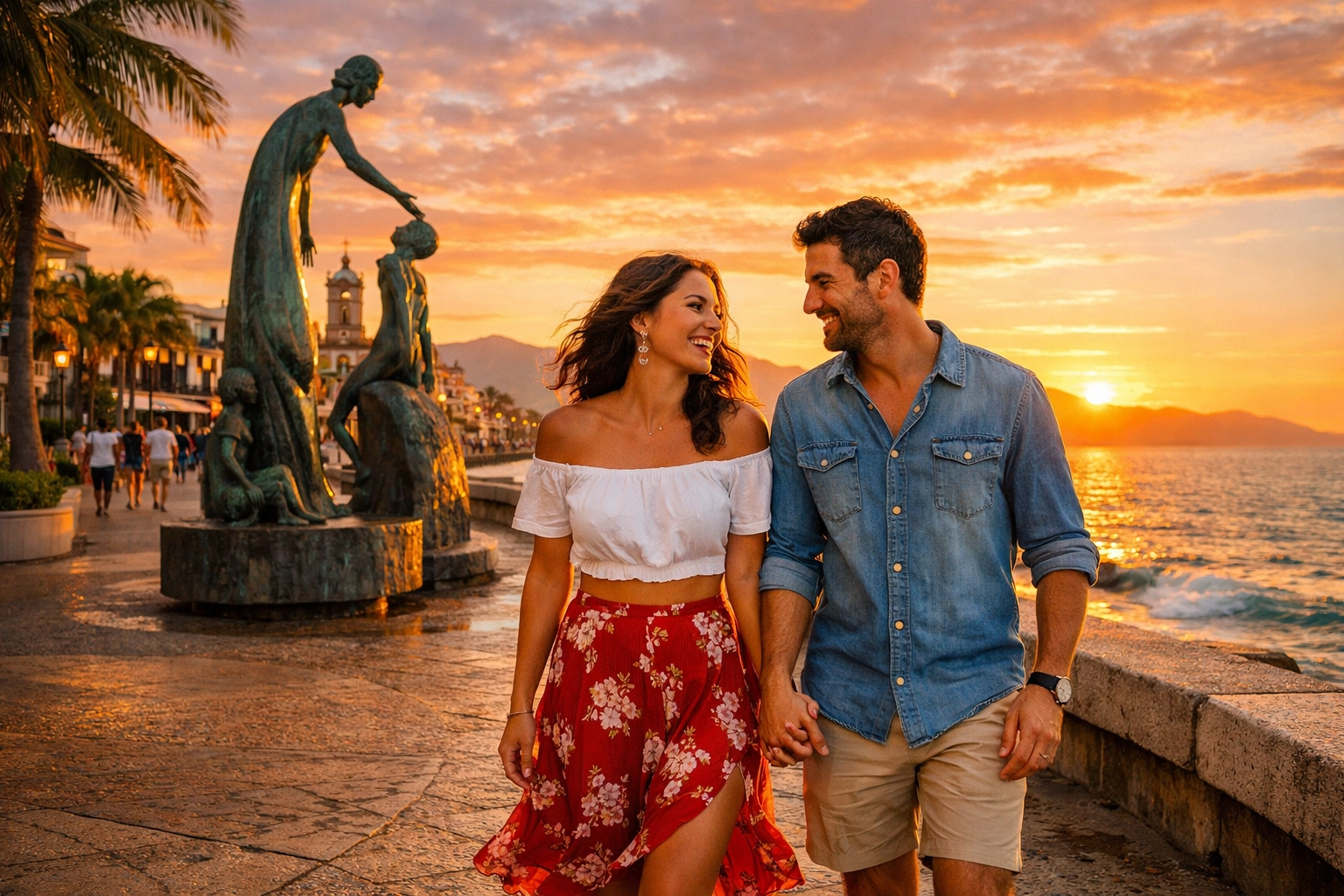 Couples enjoying a romantic sunset walk on the Puerto Vallarta Malecon near coastal rental condos.