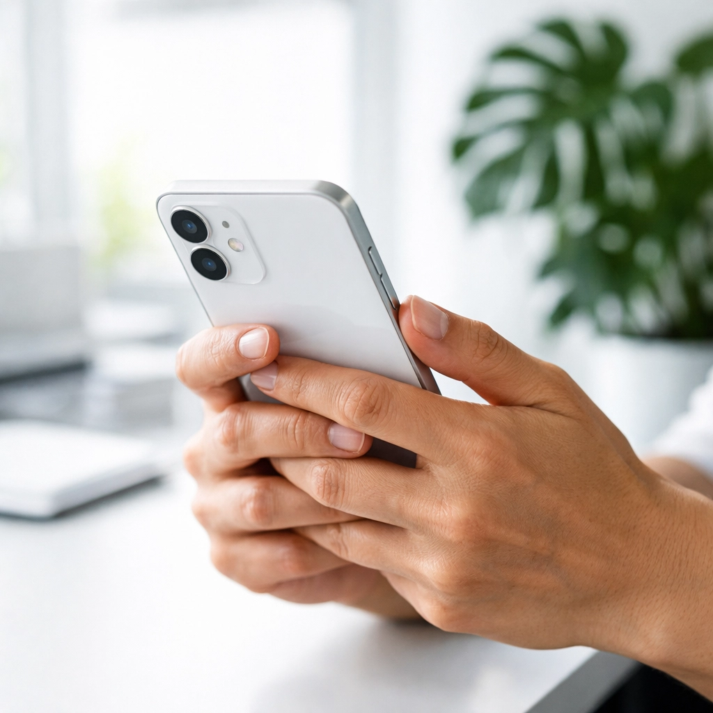 Hand holding a smartphone for easy mobile contact, a key element of effective small business website design.