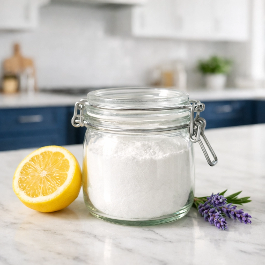 Natural cleaning ingredients including baking soda, lemon, and lavender for a DIY carpet freshener.