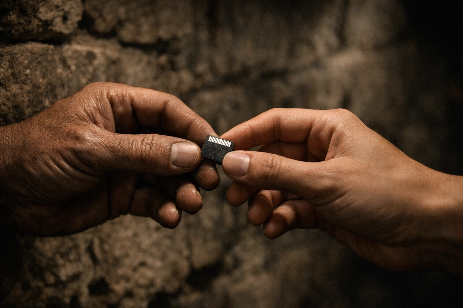 Two people discreetly sharing a micro SD card with Christian resources in Iran.