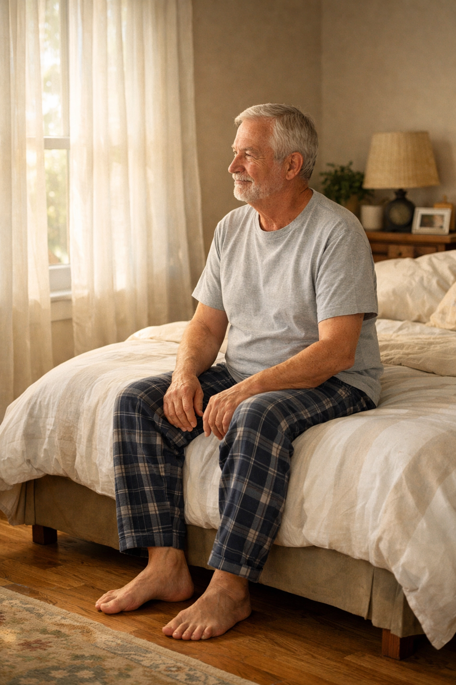 Senior man sitting on the edge of a bed to manage dizziness and prevent falls when standing.