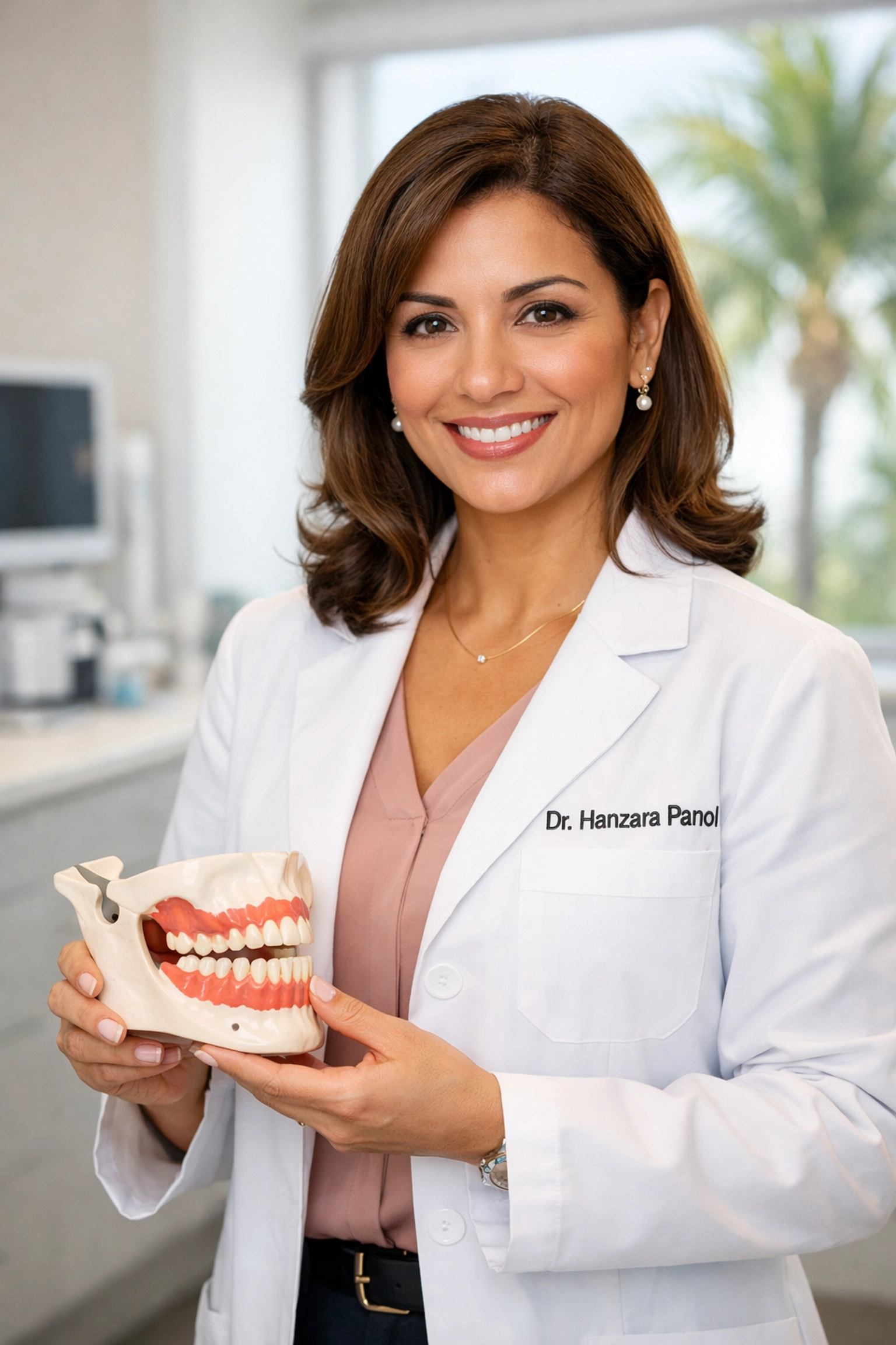 Dr. Hanzara Panol, board-certified orofacial pain specialist in Melbourne, FL, holding a jaw anatomy model.