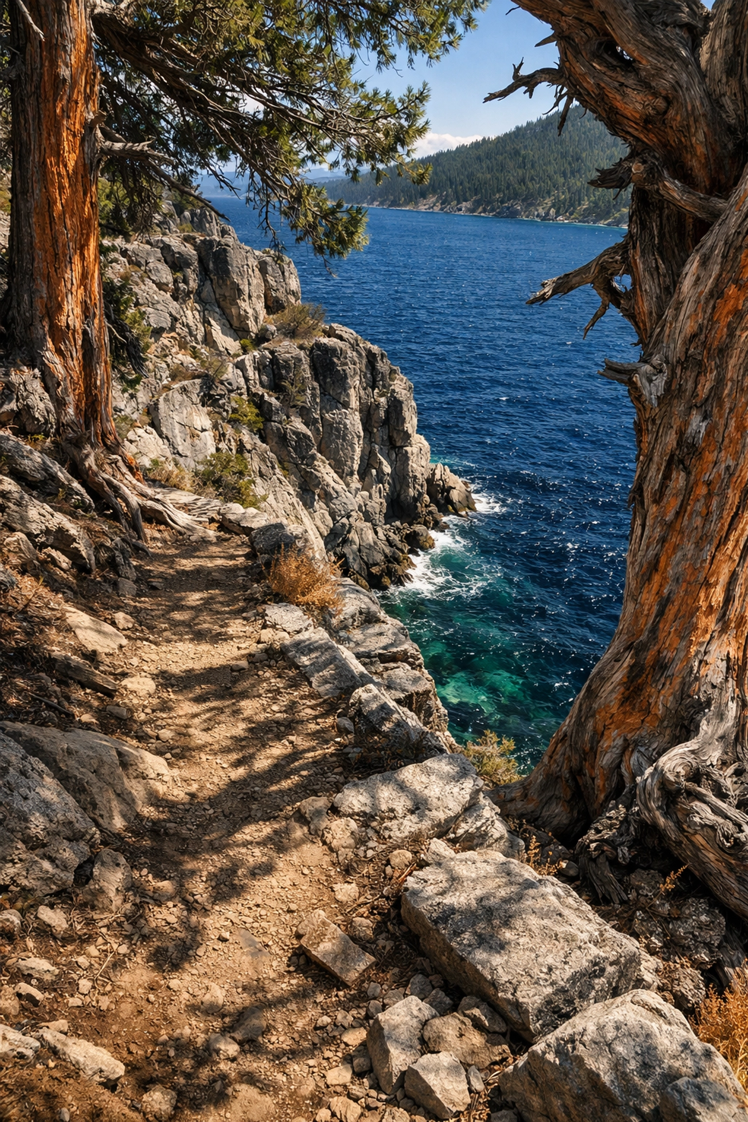 Cliffside views from the Rubicon Trail at D.L. Bliss State Park overlooking the deep blue water of Lake Tahoe.
