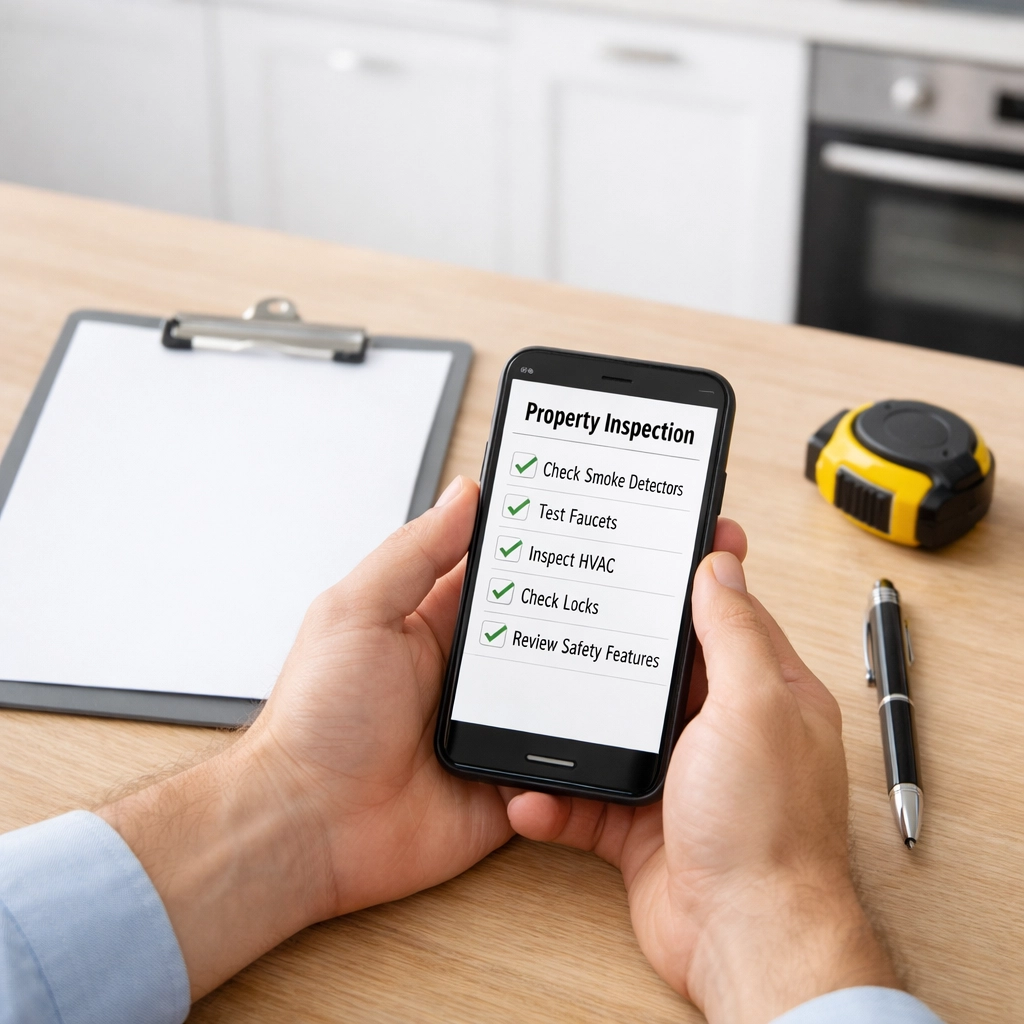 Apartment make-ready checklist on smartphone with property management tools and workspace