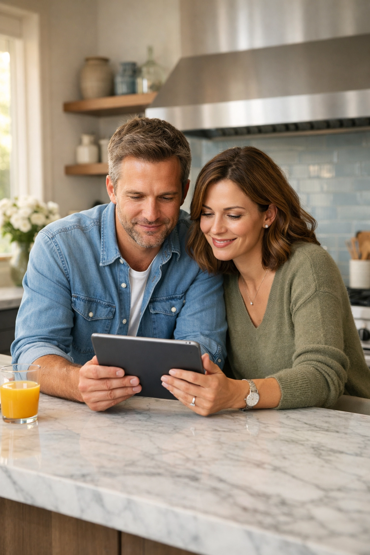 Reliable couple reviewing terms for an online cash advance on a tablet in their modern kitchen.