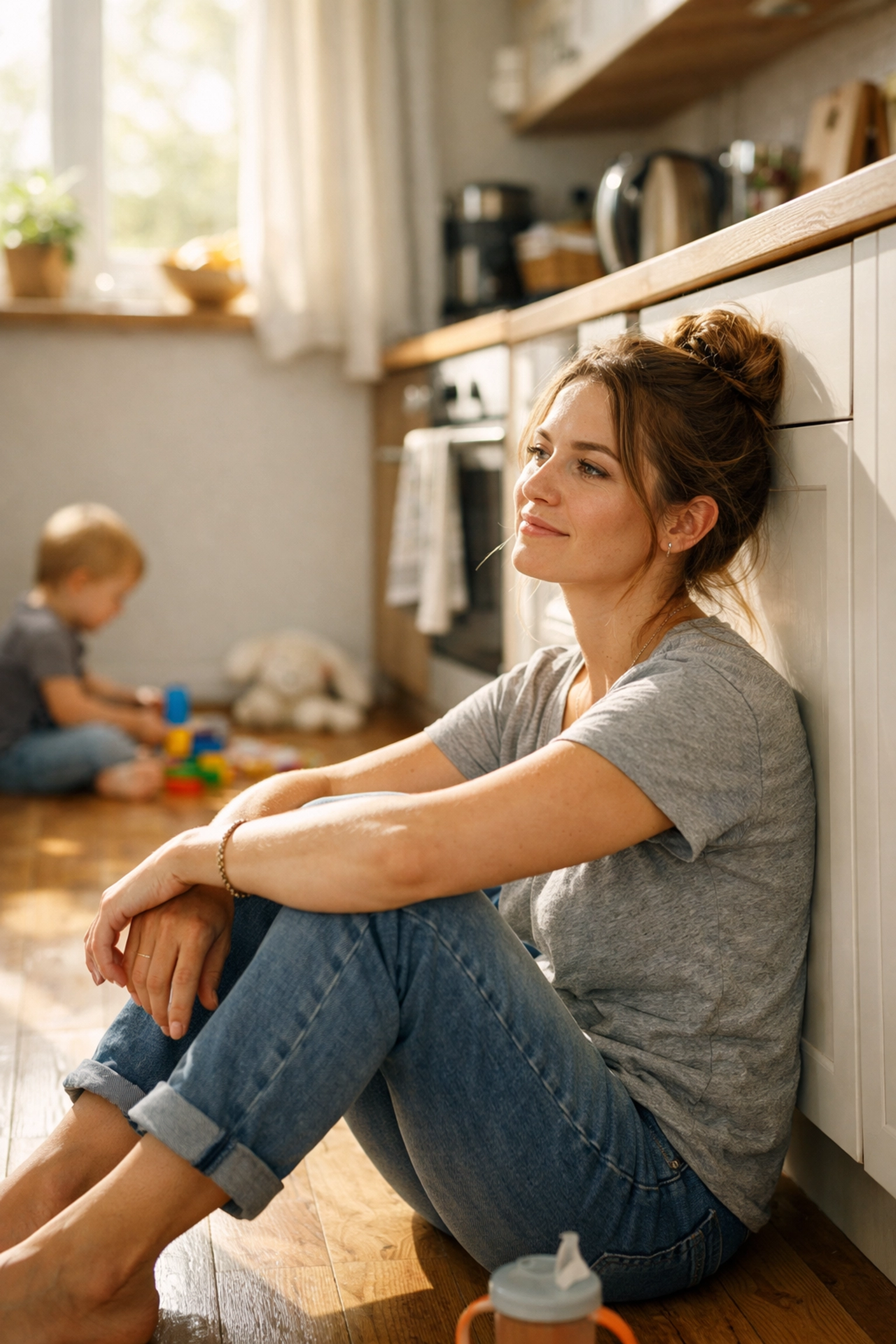 A weary mother in a sunlit kitchen finding strength in God when feeling tired, scared, and discouraged.