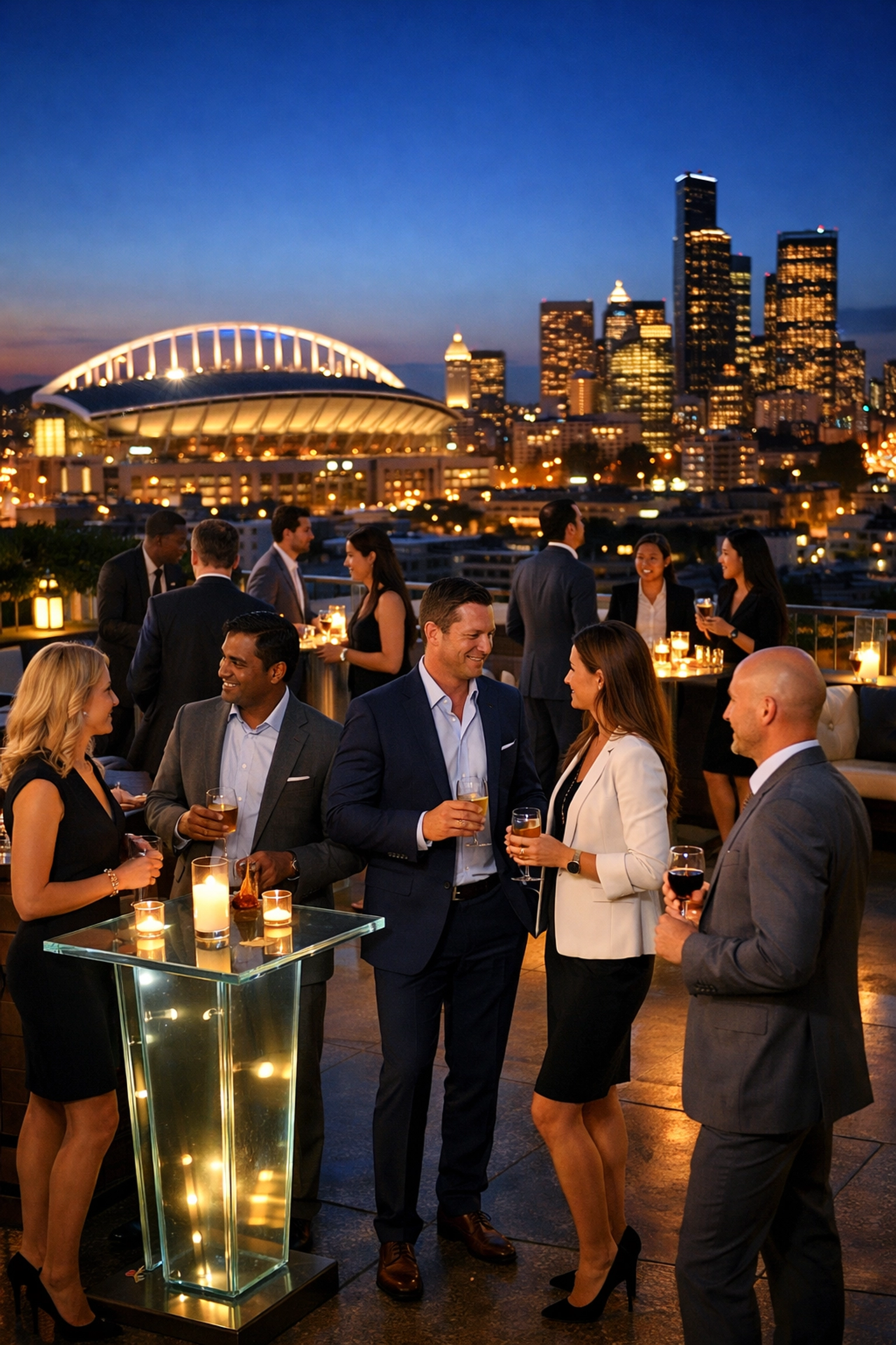 Corporate executives networking at a luxury rooftop lounge overlooking the stadium during a Super Bowl event.