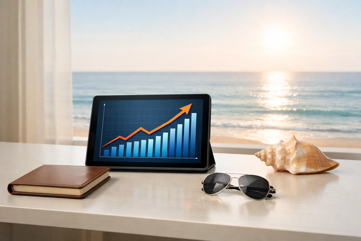A tablet displaying business growth data on a desk overlooking the Mississippi Gulf Coast.