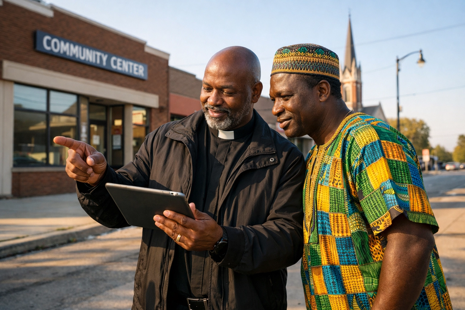 Church leaders collaborating on faith based global initiatives using digital development tools.
