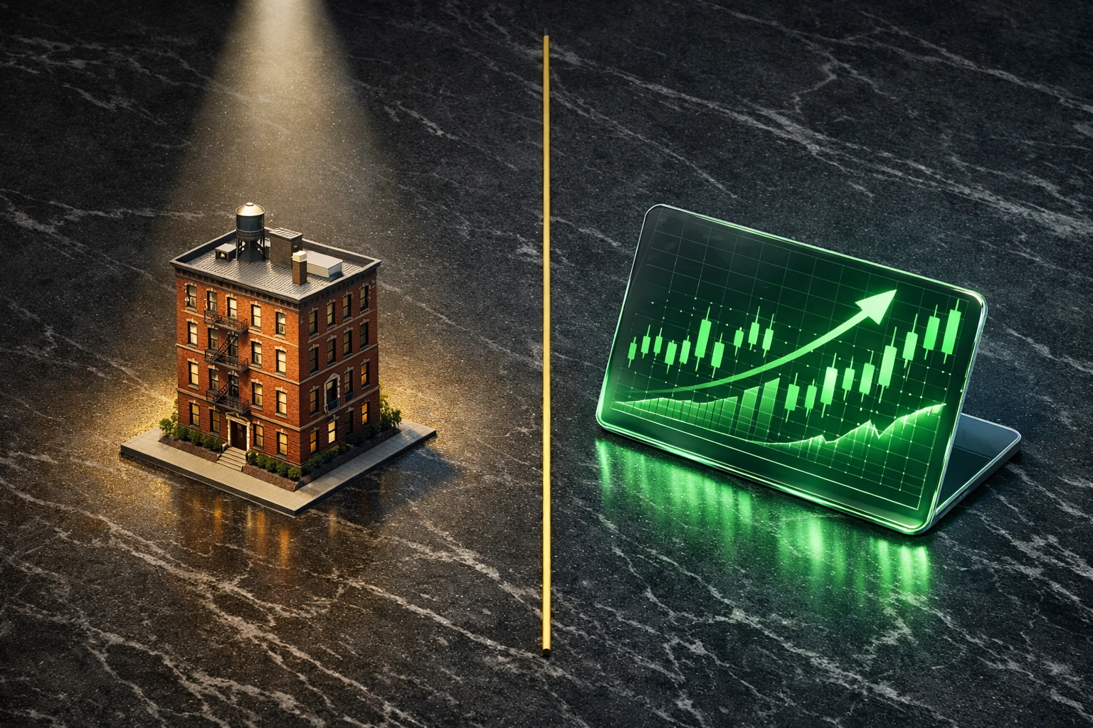 Comparison of physical apartment building model and digital stock market data for real estate investing.