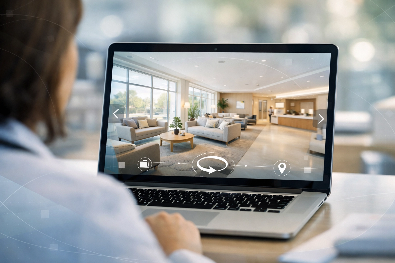 A 360-degree virtual tour of a healthcare facility lounge on a laptop screen to build visual trust.