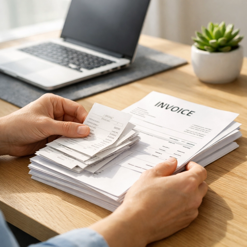 Small business owner organizing invoices and receipts to build a clean financial audit trail for their startup.