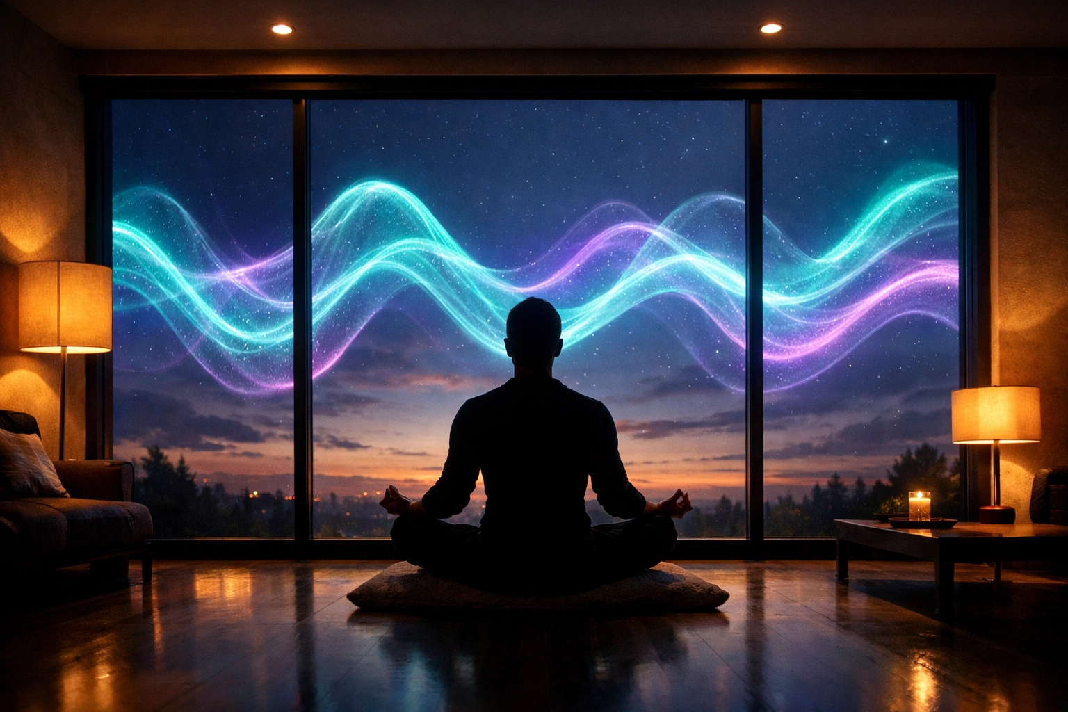 Person meditating in a calm urban apartment setting, reflecting and breathing to reduce mental noise