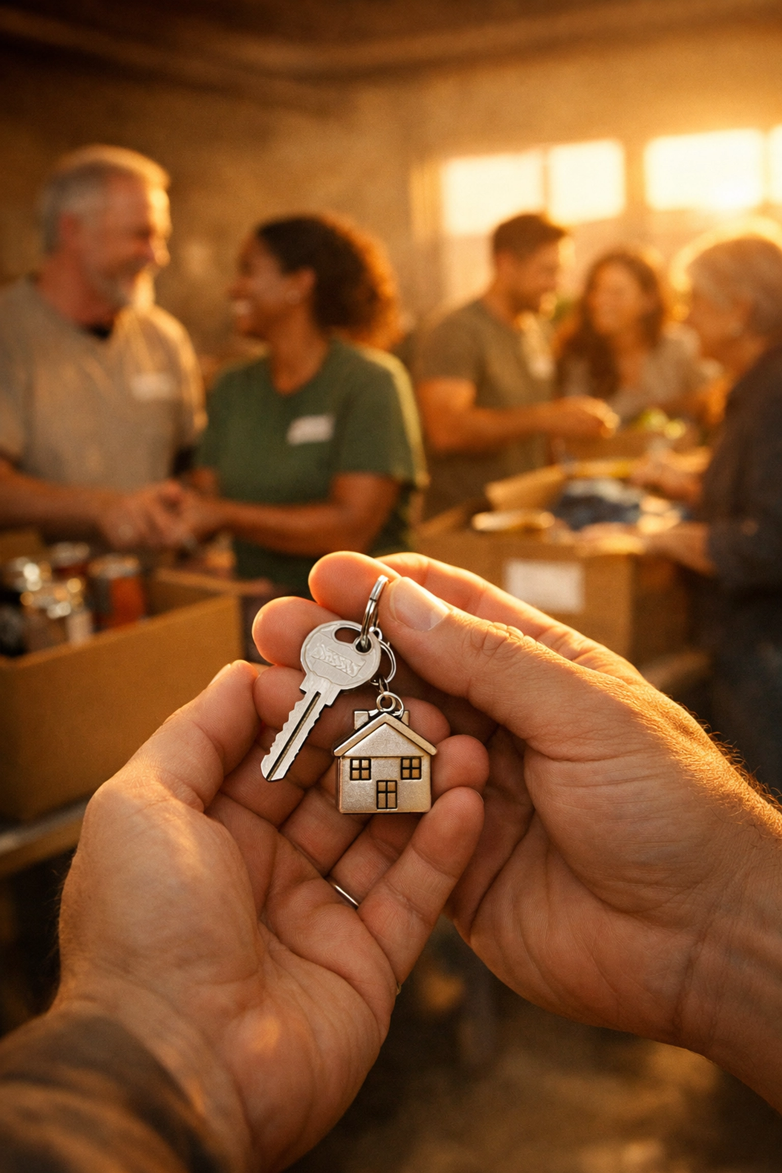 House keys held in front of a community center symbolizing real estate donations from Rewarding Heroes.