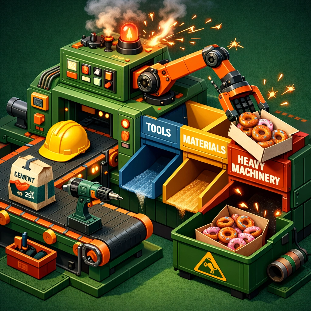 A malfunctioning automated sorter miscategorizing construction items, illustrating broken QuickBooks rules.