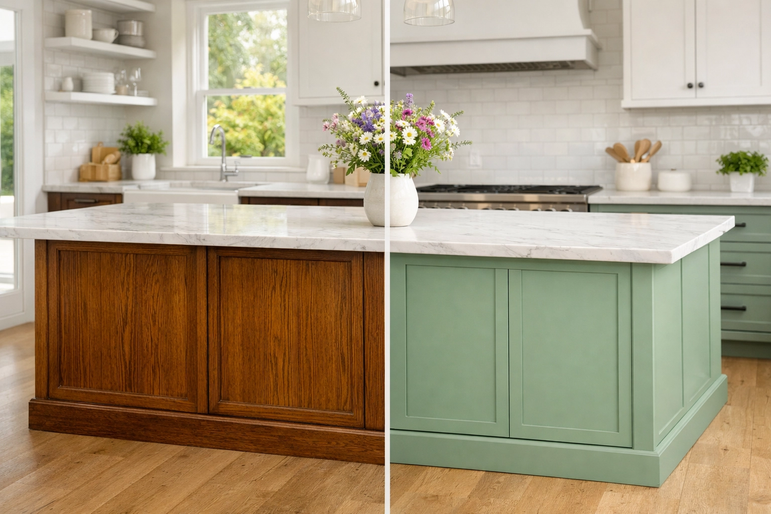 Before and after kitchen cabinet spray painting comparison from dark oak to sage green in Sussex.