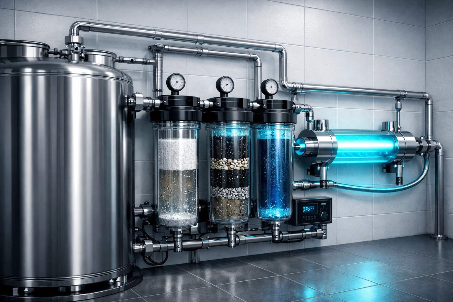 Advanced off-grid rainwater harvesting system with multi-stage filtration and UV sterilization.