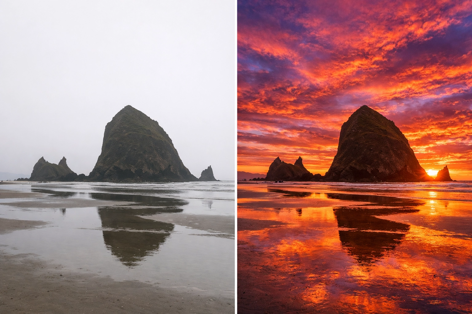 Sky AI transformation showing a vibrant sunset replacement at Cannon Beach in a split-screen edit.