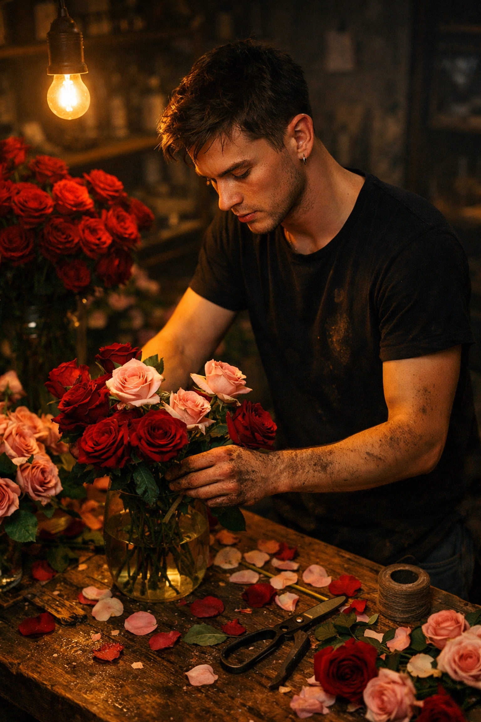 Gay florist arranging luxury roses in early morning studio for elite clients
