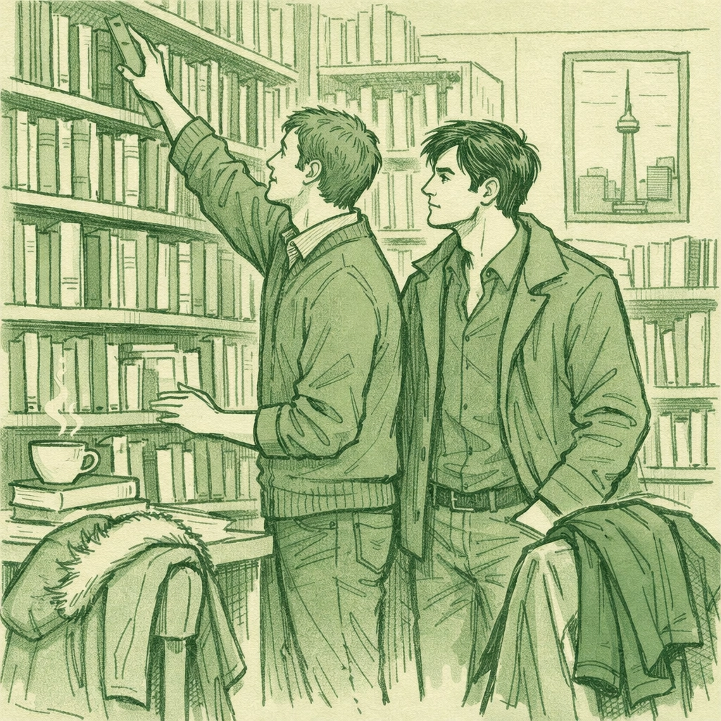 Two men browsing LGBTQ+ books in Toronto bookstore representing Read with Pride collection