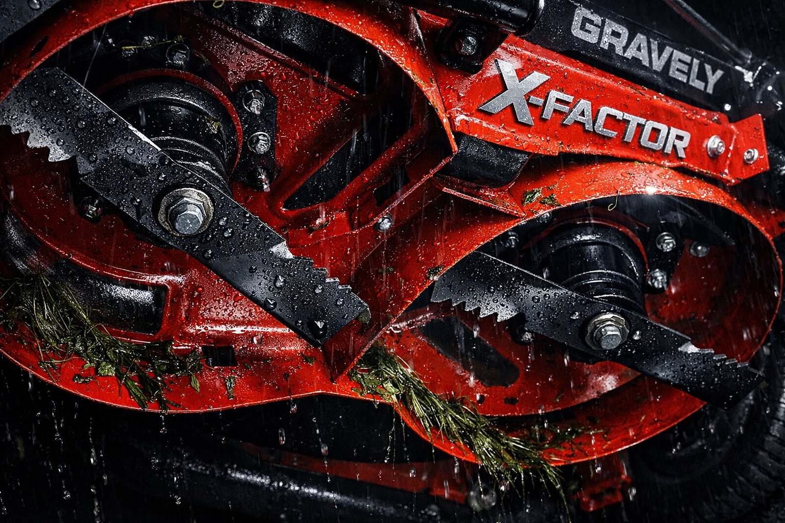 Gravely X-Factor deck underside showing blade system with wet grass clippings