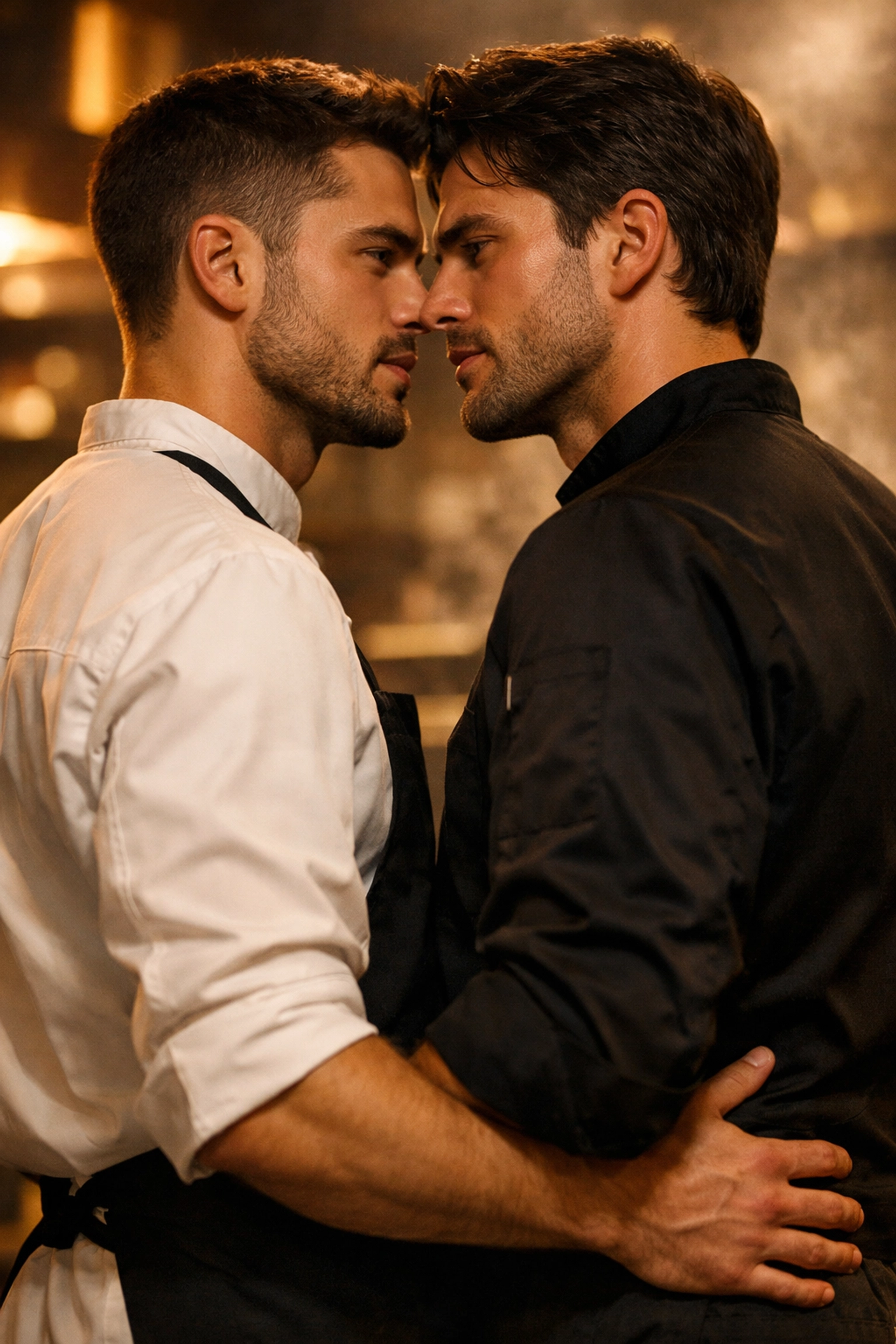 Gay romance between rival chefs - intimate moment in kitchen during competition