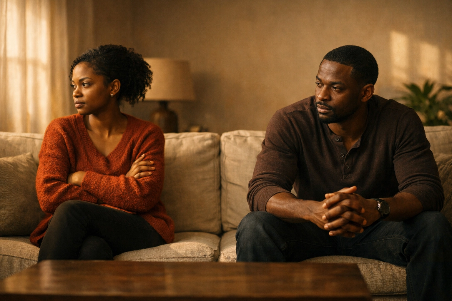 Black couple experiencing emotional distance and relationship conflict from generational trauma