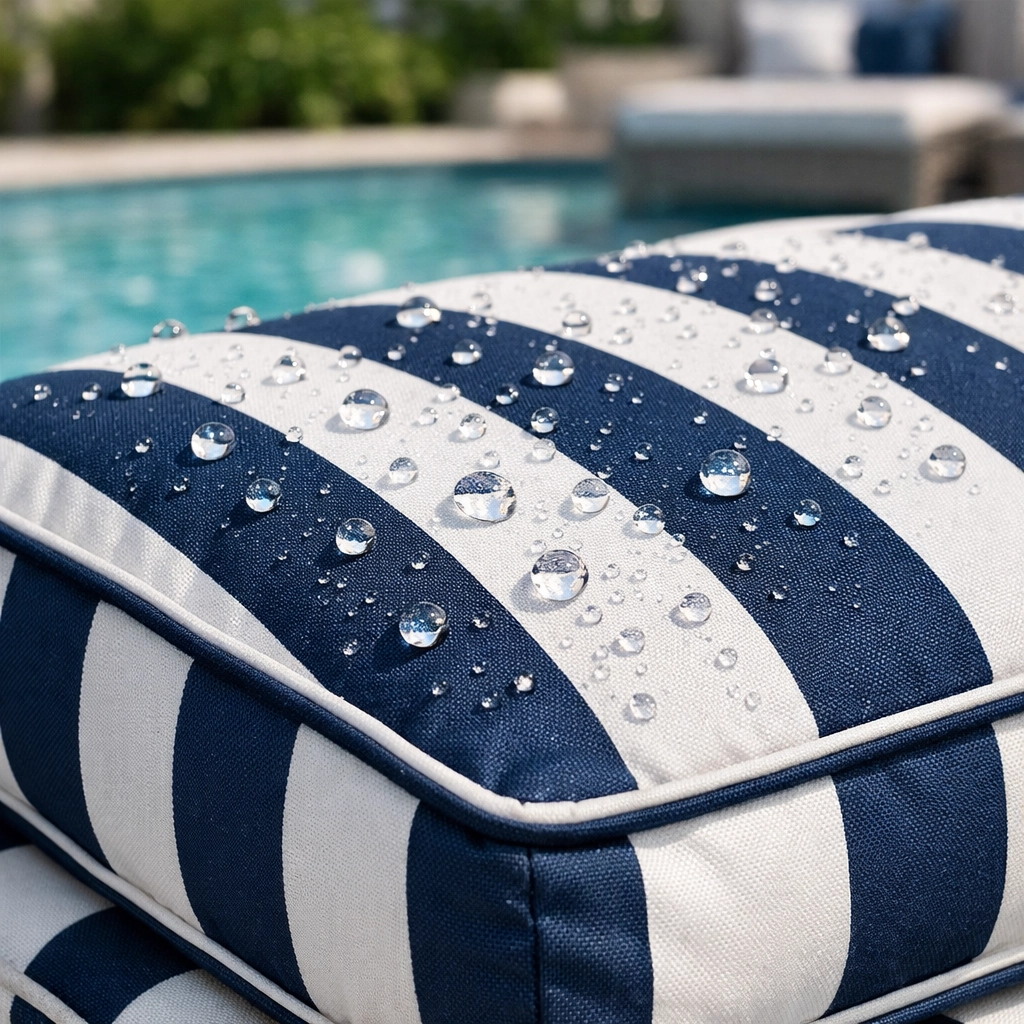 Spotless striped outdoor patio cushions showing the results of professional deep cleaning and fabric protection.