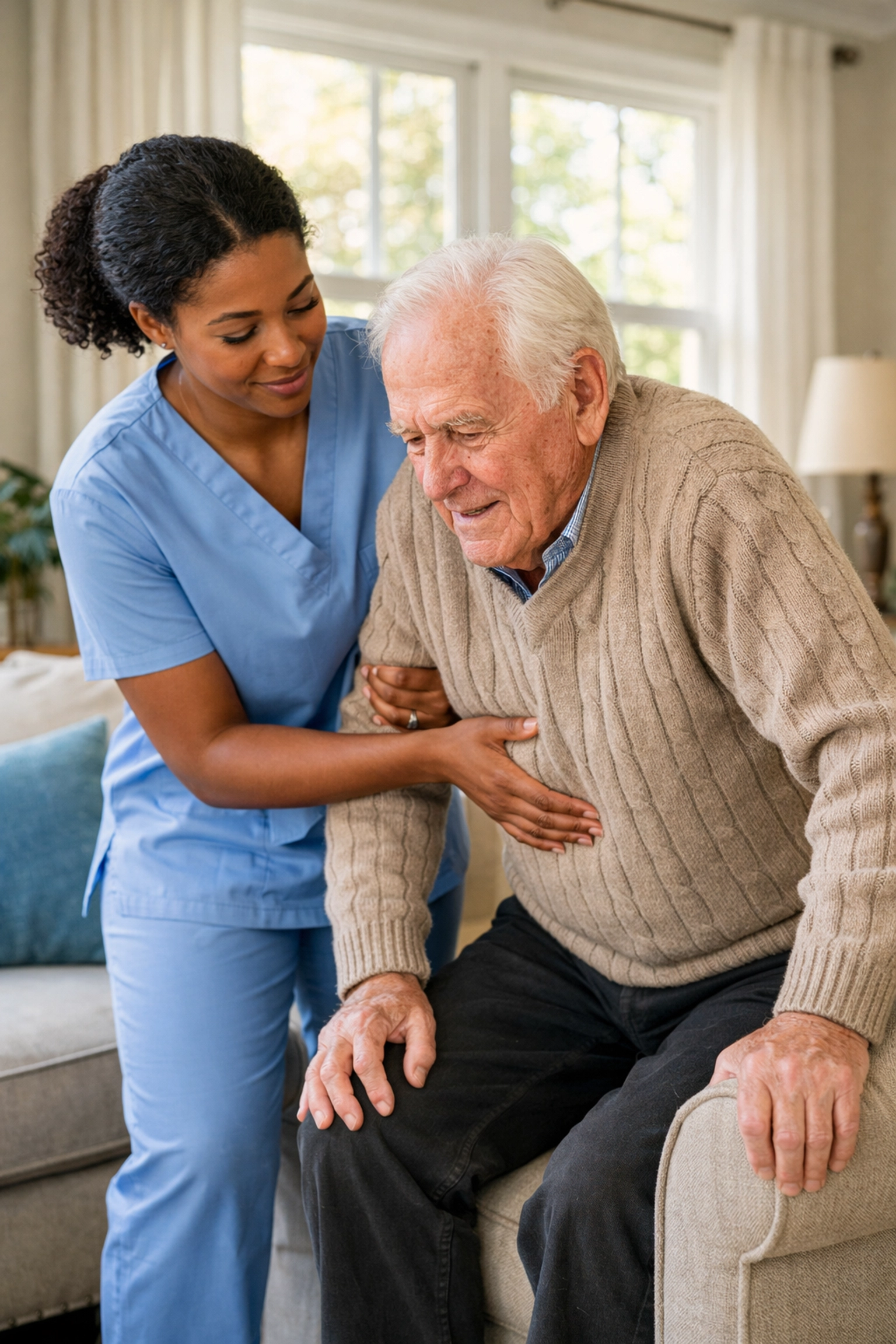 Professional caregiver providing mobility support to prevent falls after hospital discharge