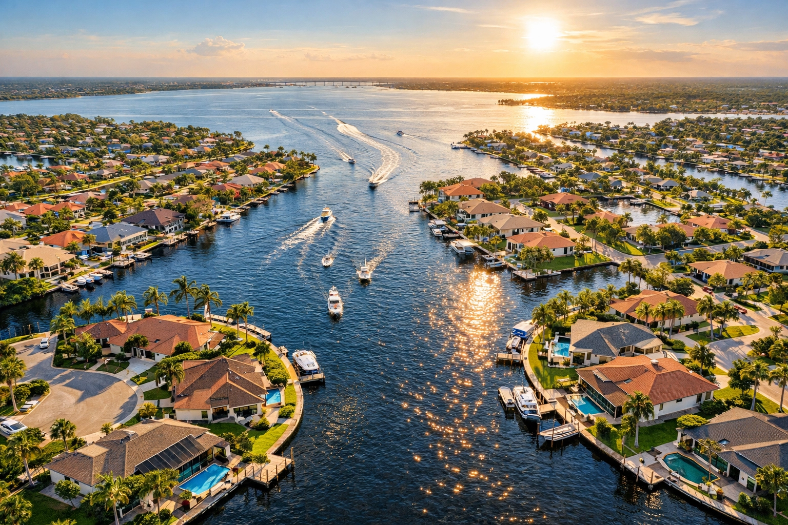 Aerial view of Cape Coral canal system showing gulf access and freshwater waterways with homes