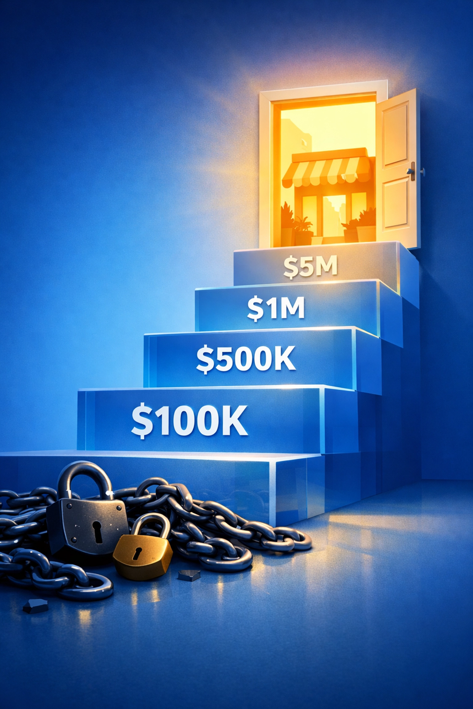 Ascending staircase with growing payment volumes showing merchant fee savings and business growth