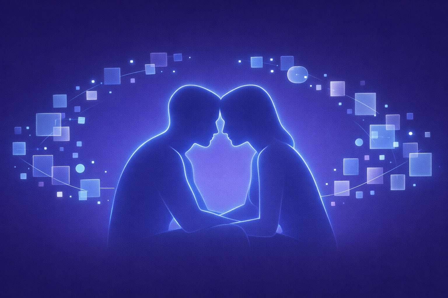 Silhouettes connecting while AI productivity tools handle background tasks to empower individuals.