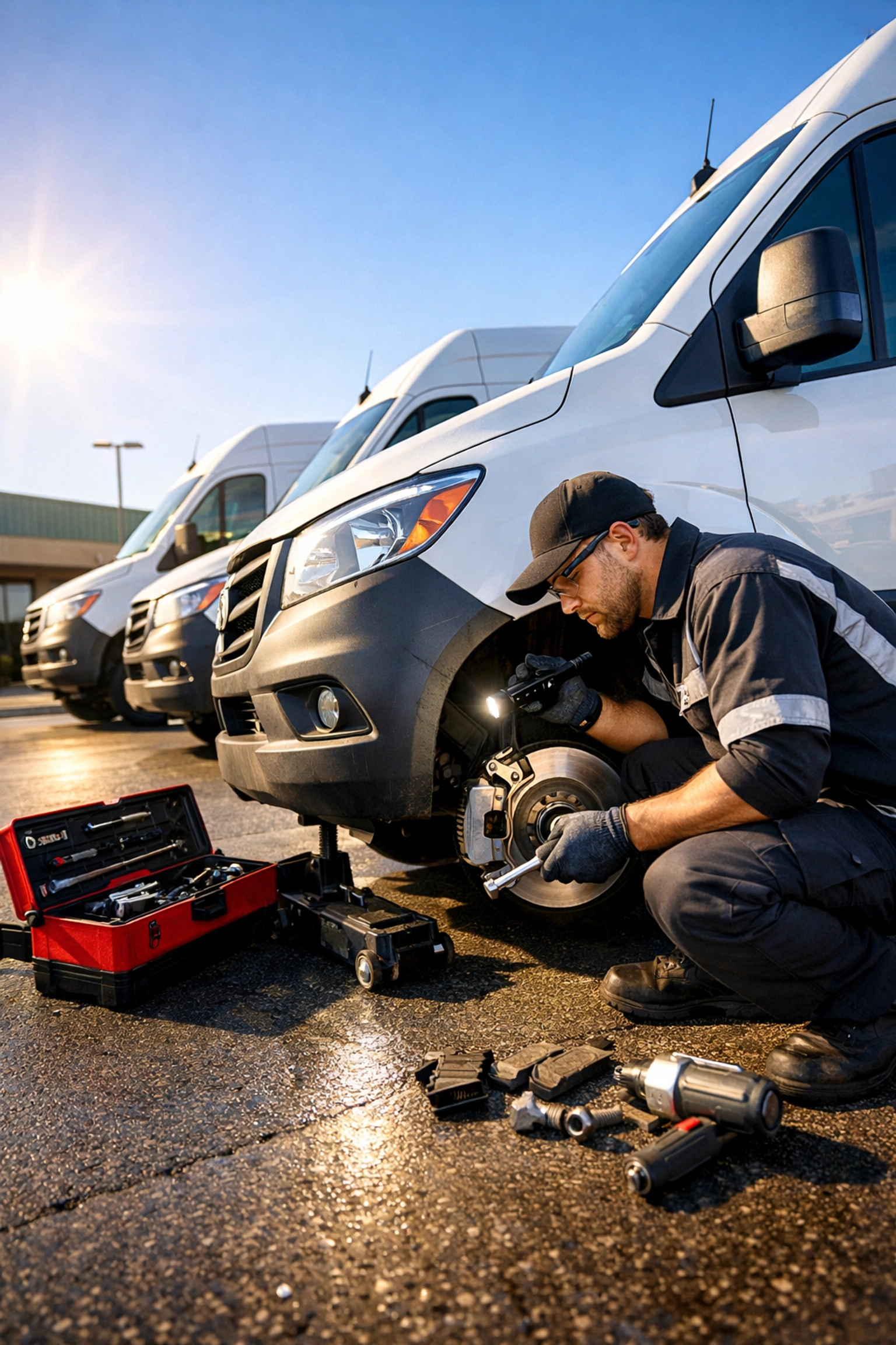 Mobile technician conducting on-site fleet maintenance and tire inspections for Green Bay businesses.
