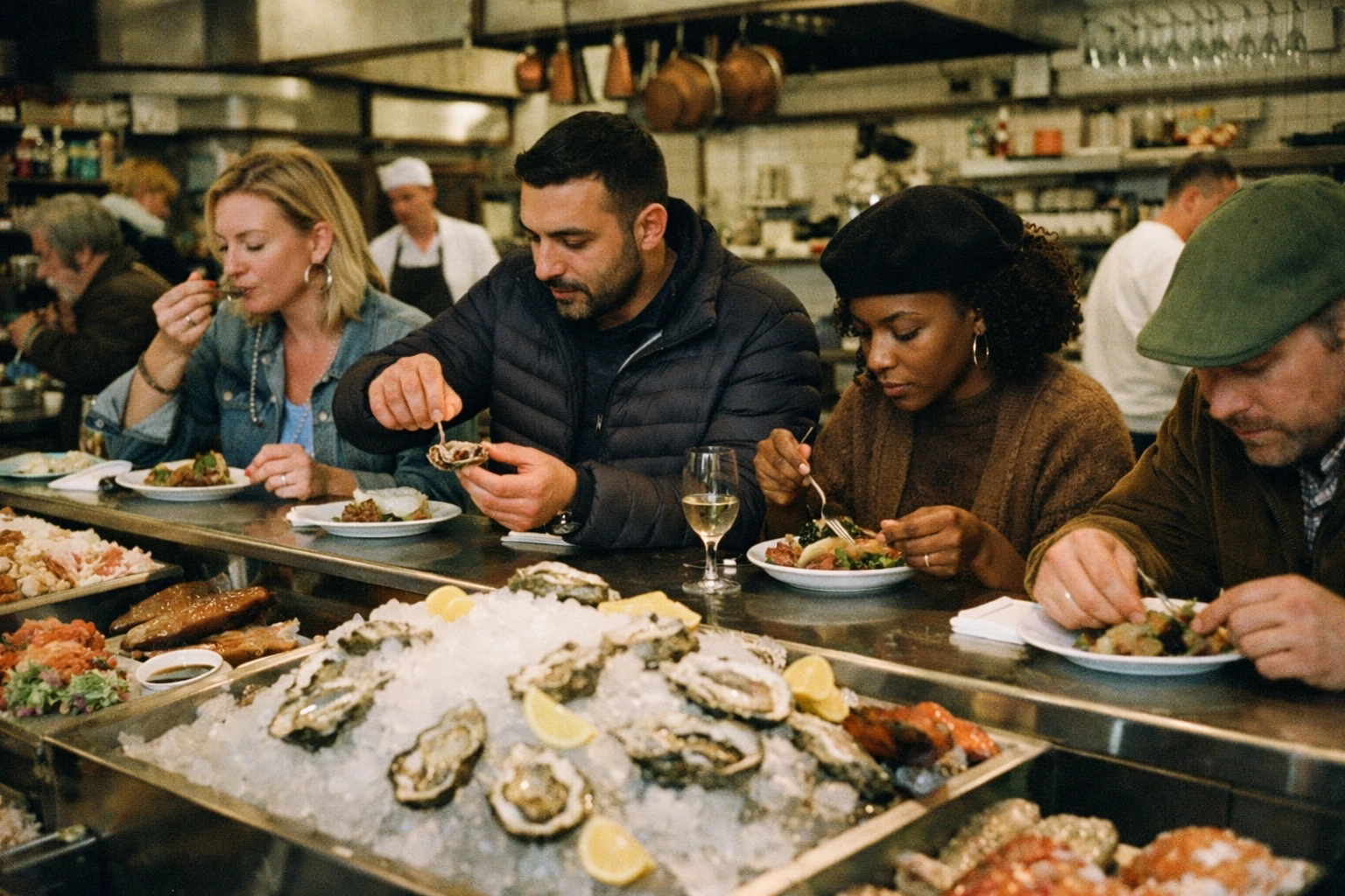 Seafood counter scene in a classic Berlin deli with customers eating at high counters.