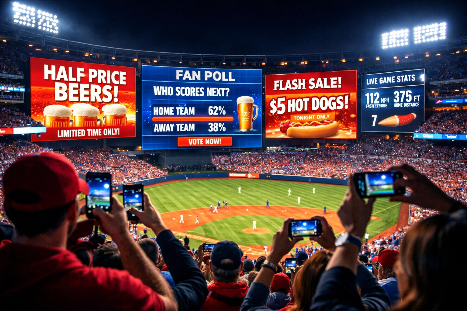 Sports venue digital signage displaying dynamic brand activation with engaged fans at stadium