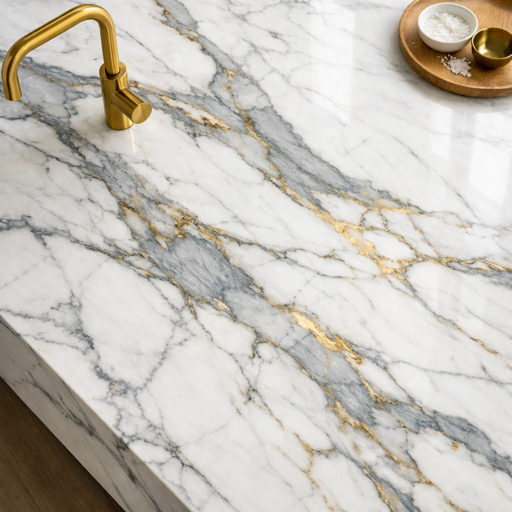 Calacatta marble kitchen island surface with dramatic grey and gold veining