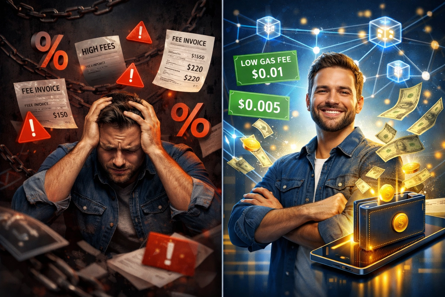 Comparison of high crypto payment processing fees versus Larecoin's gas-only transfer savings