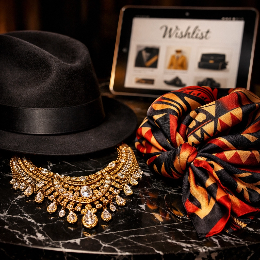 Luxury Black-owned accessories including a silk headwrap and gold jewelry displayed with a digital shopping wishlist.