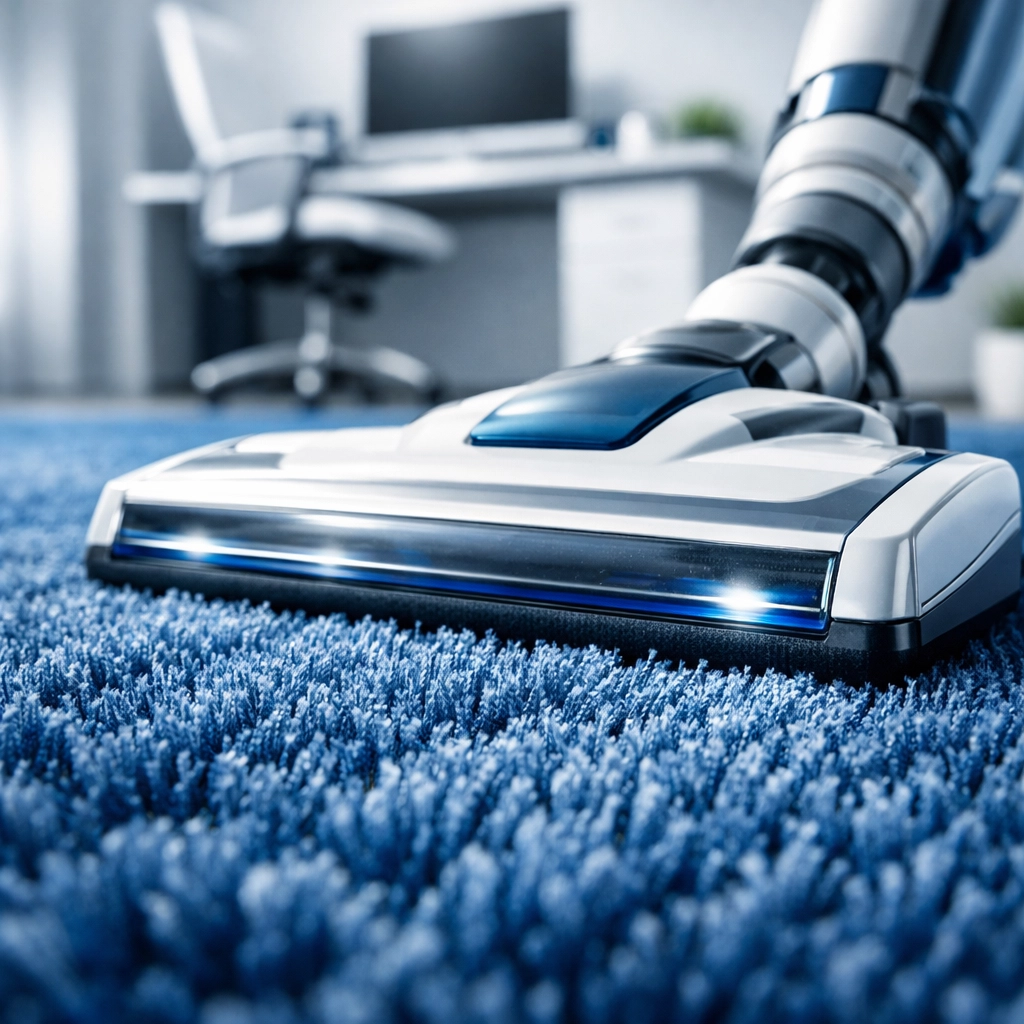 Professional vacuum cleaning a blue rug to remove dust and improve home air quality.